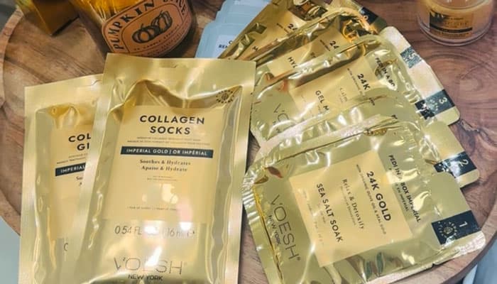 Feet resting near Volcano Crystal bowl with orchid